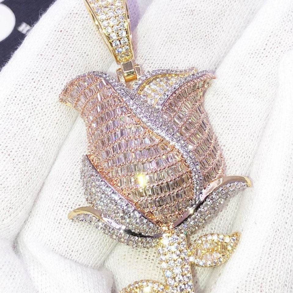 Baguette Rose VVS CZ Hip Hop Iced Out Pendant Yellow Gold HipHopBling