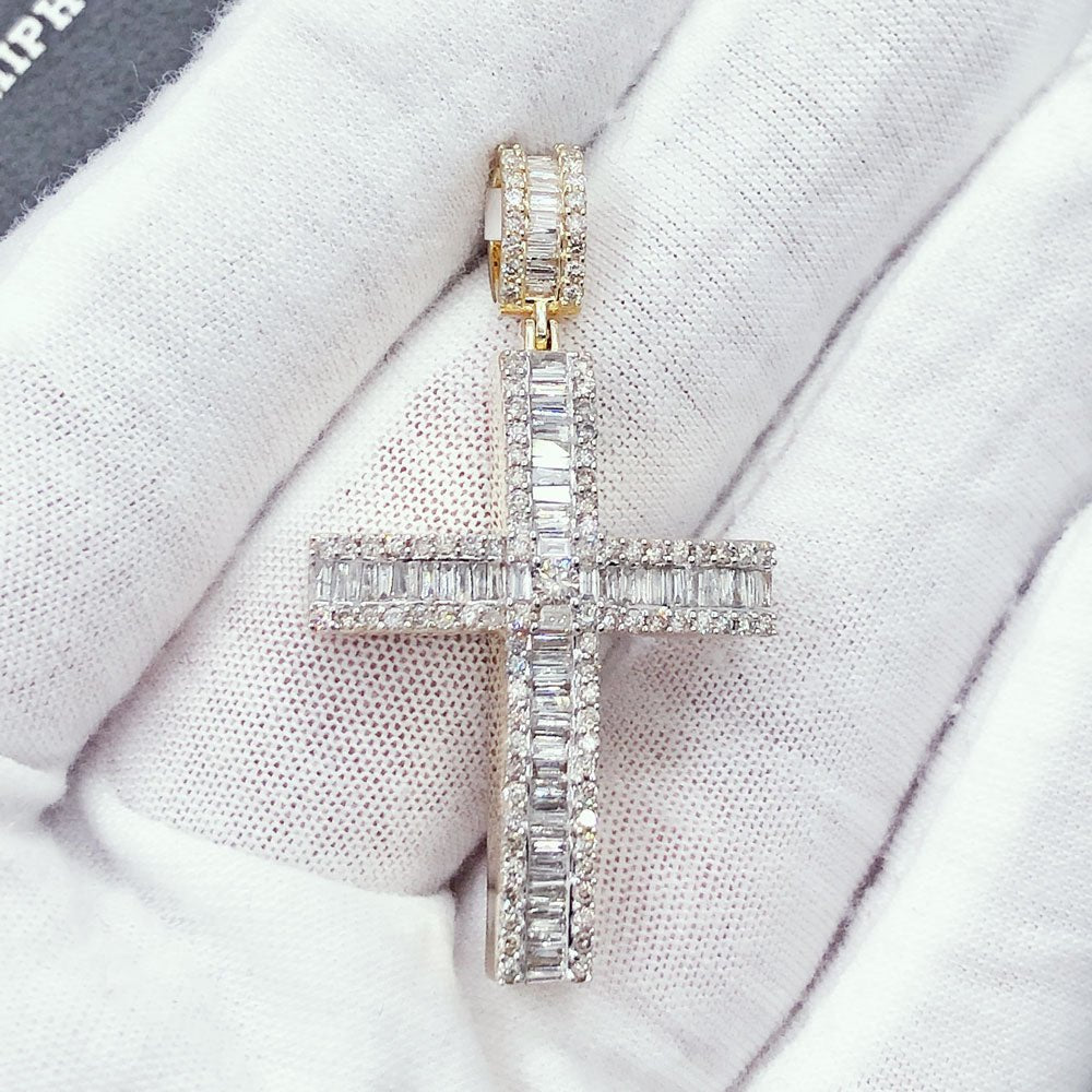 Baguette Row Cross Diamond Pendant 1.46cttw 10K Yellow or White Gold 10K Yellow Gold HipHopBling