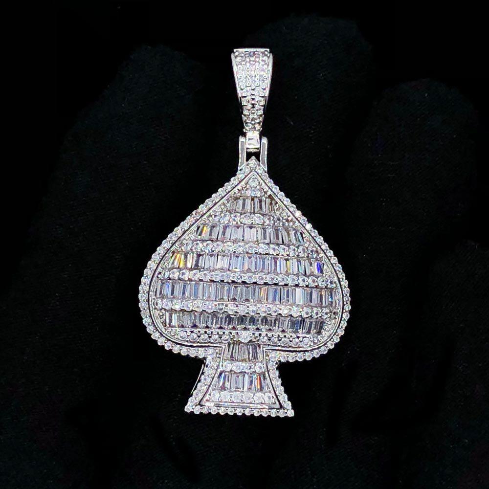 Baguette Spade Medium Poker CZ Hip Hop Bling Bling Pendant White Gold HipHopBling