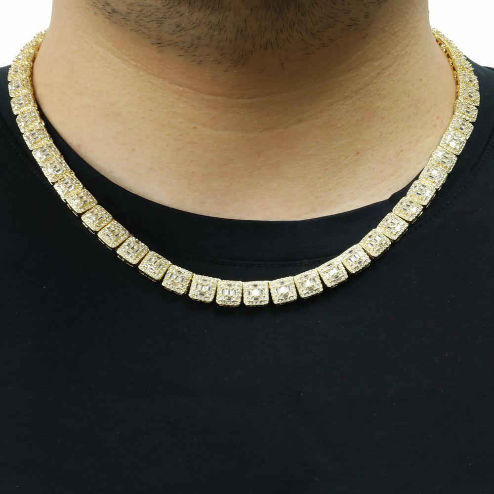 Baguette Square Cluster Link CZ Iced Out Chain White Gold 20" HipHopBling