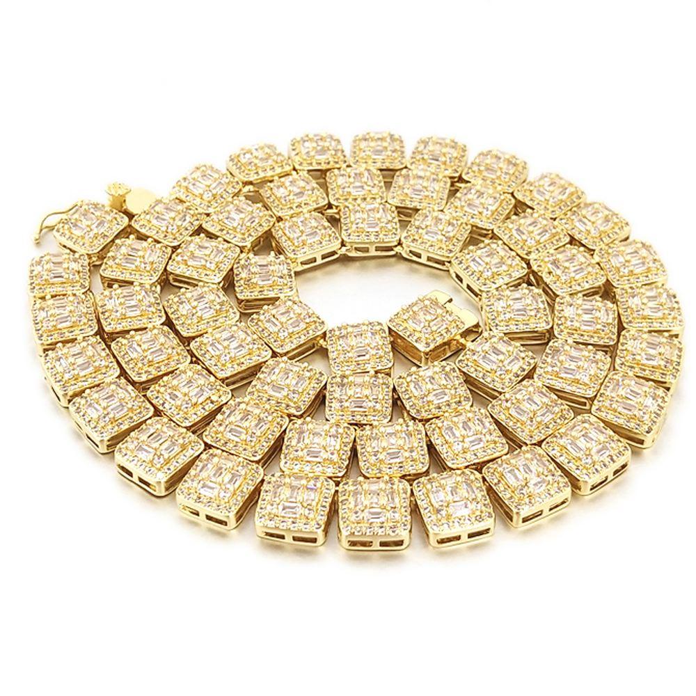 Baguette Square Cluster Link CZ Iced Out Chain Yellow Gold 20" HipHopBling