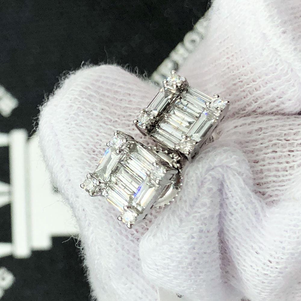 Baguette Square Stud Diamond Earrings .76cttw 10K White Gold HipHopBling