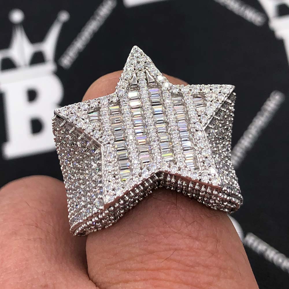 Baguette Star RIng VVS Moissanite Ring .925 Sterling Silver 6 White Gold HipHopBling