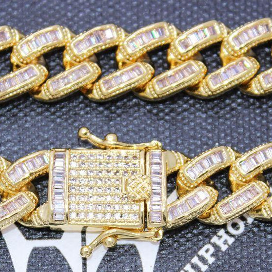Baguette Stones Cuban Chain 11MM Wide White / Yellow Gold Yellow Gold 18" HipHopBling