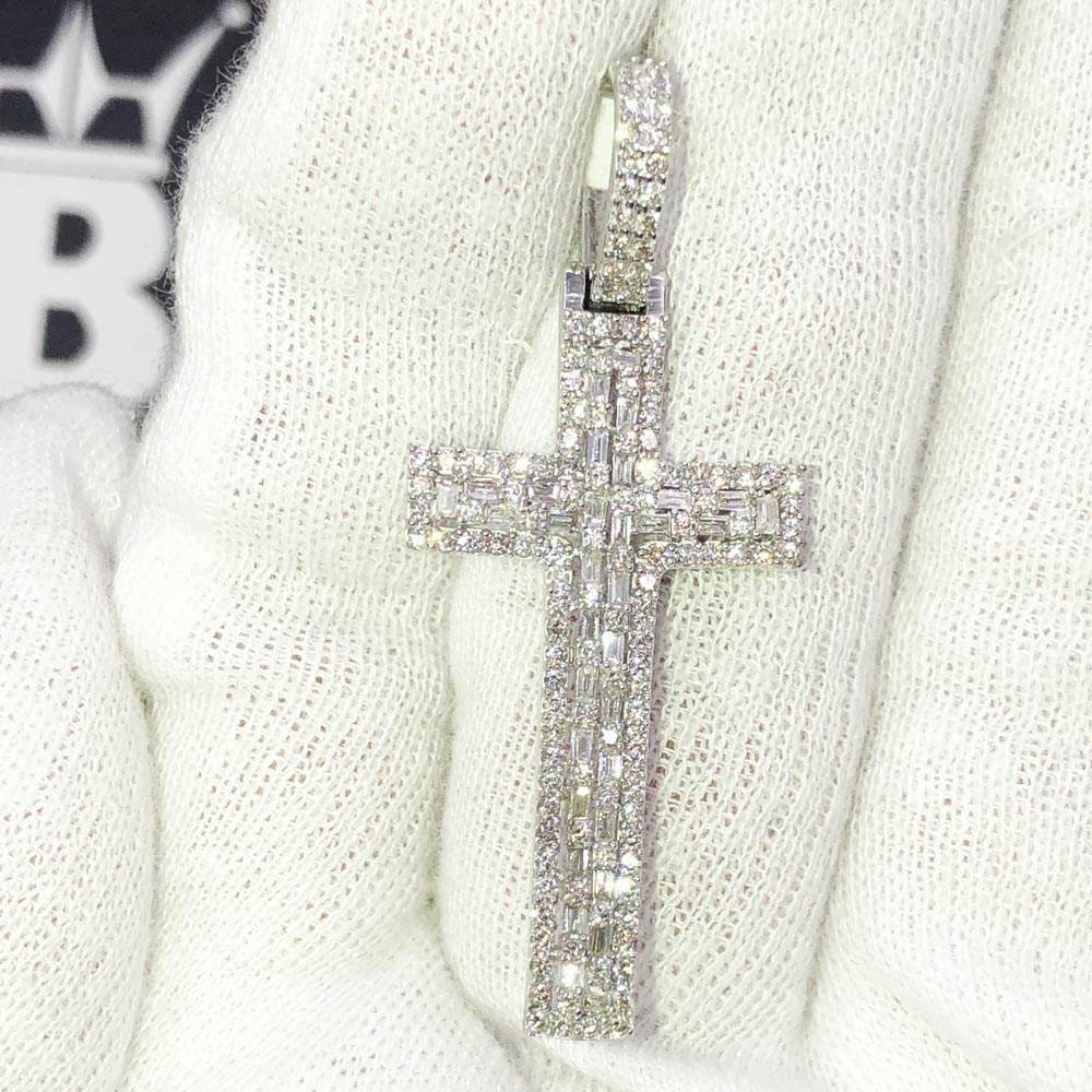 Baguette Tall Cross Diamond 1.16 Carat Pendant 10K White Gold HipHopBling