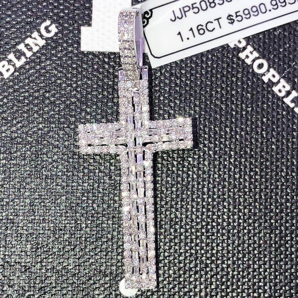 Baguette Tall Cross Diamond 1.16 Carat Pendant 10K White Gold HipHopBling