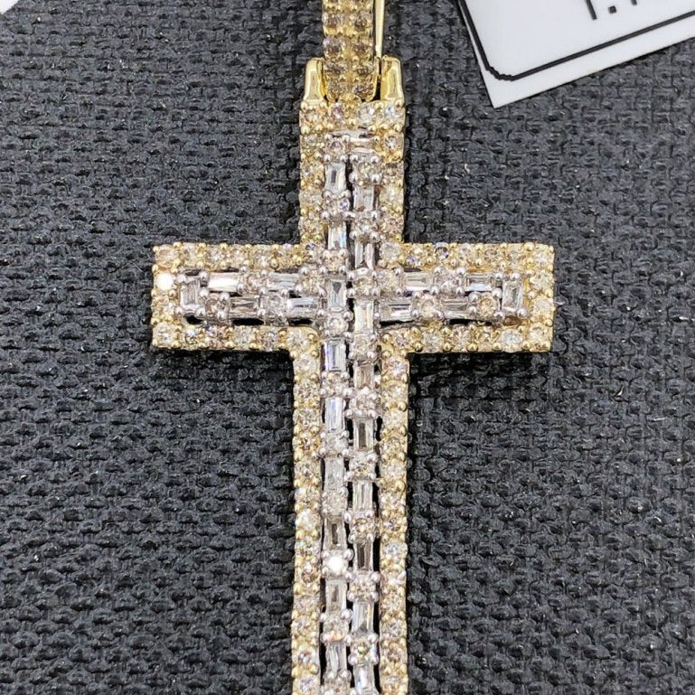 Baguette Tall Cross Diamond 1.19 Carat Pendant 10K Yellow Gold HipHopBling