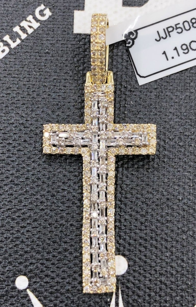 Baguette Tall Cross Diamond 1.19 Carat Pendant 10K Yellow Gold HipHopBling