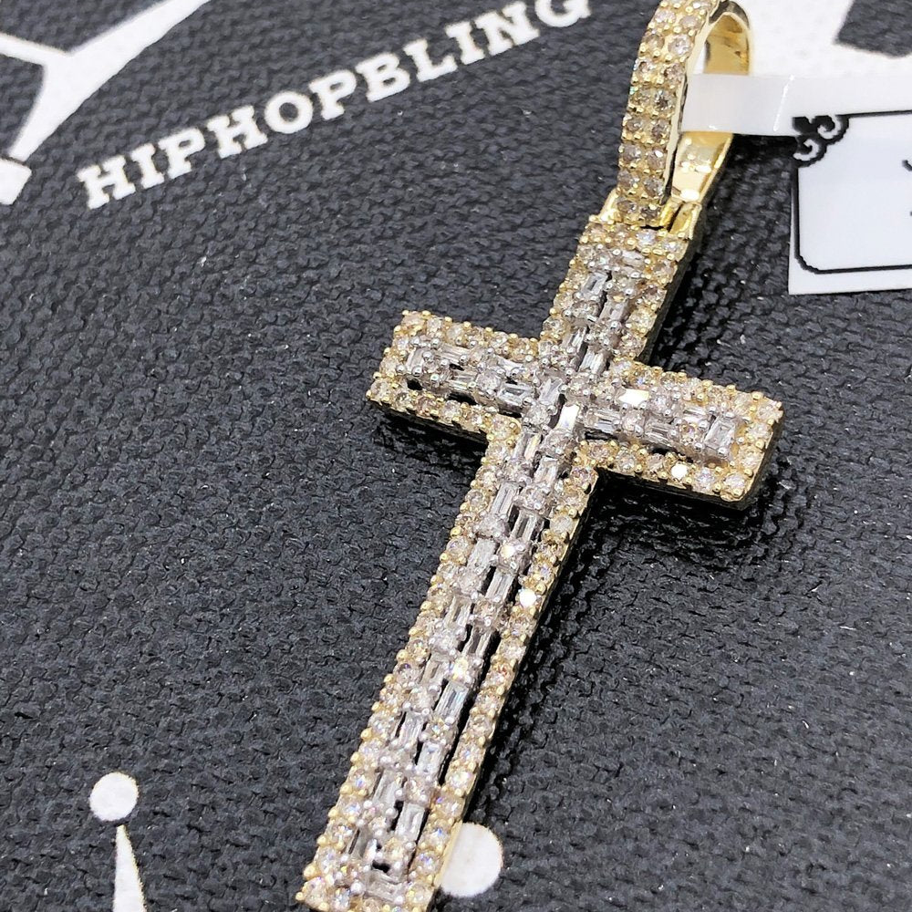 Baguette Tall Cross Diamond 1.19 Carat Pendant 10K Yellow Gold HipHopBling