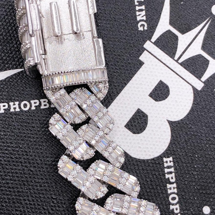 Baguette Thick Cuban Moissanite Bracelet Iced Out .925 Sterling Silver 8" Bracelet HipHopBling