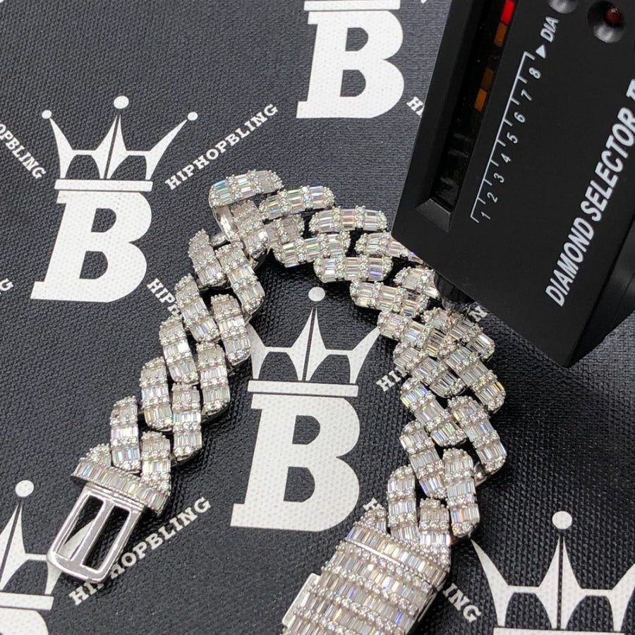 Baguette Thick Cuban Moissanite Bracelet Iced Out .925 Sterling Silver 8" Bracelet HipHopBling