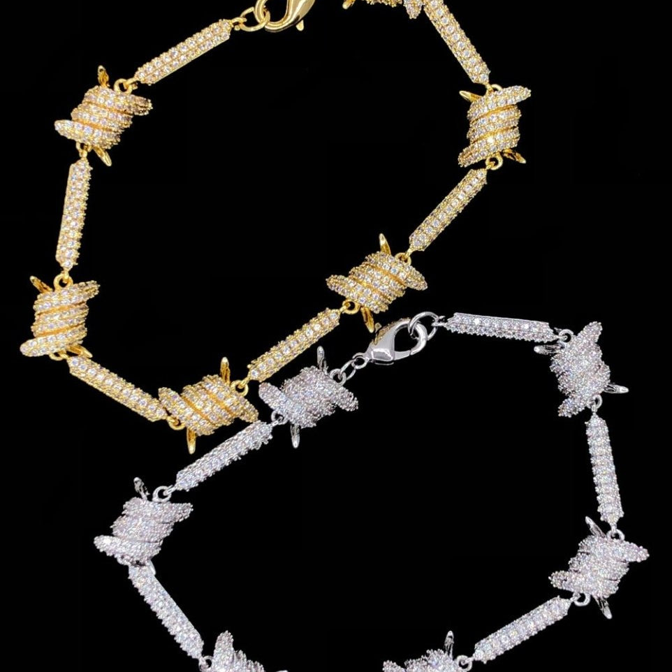 Barb Wire CZ Iced Out Hip Hop Bracelet White Gold 8" HipHopBling