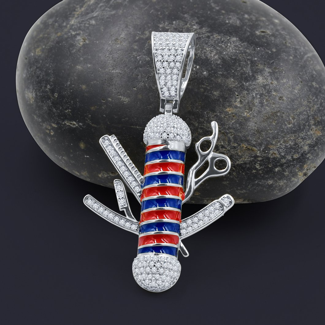 Barber Pole & Tools CZ Iced Out Pendant .925 Sterling Silver Yellow Gold HipHopBling