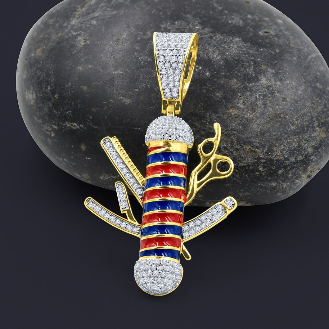 Barber Pole & Tools CZ Iced Out Pendant .925 Sterling Silver Yellow Gold HipHopBling