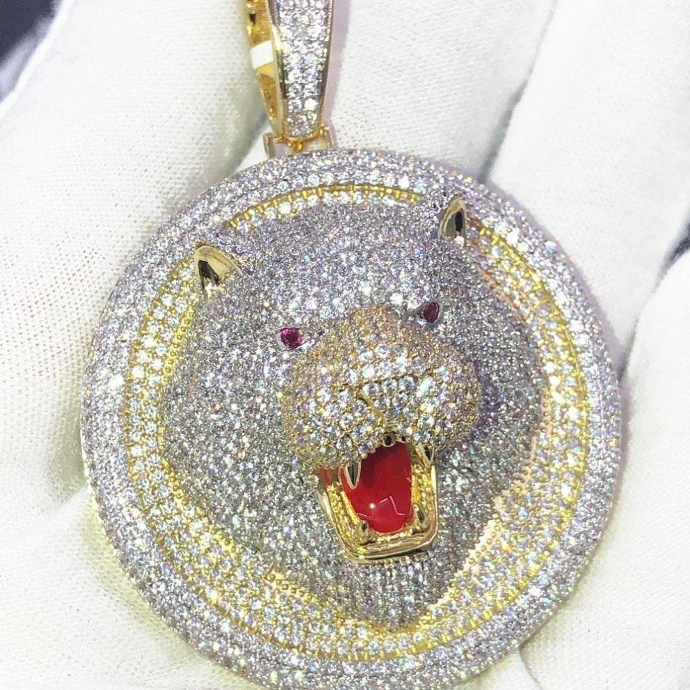 Bear Medallion 3D Detailed CZ Hip Hop Bling Bling Pendant Yellow Gold HipHopBling