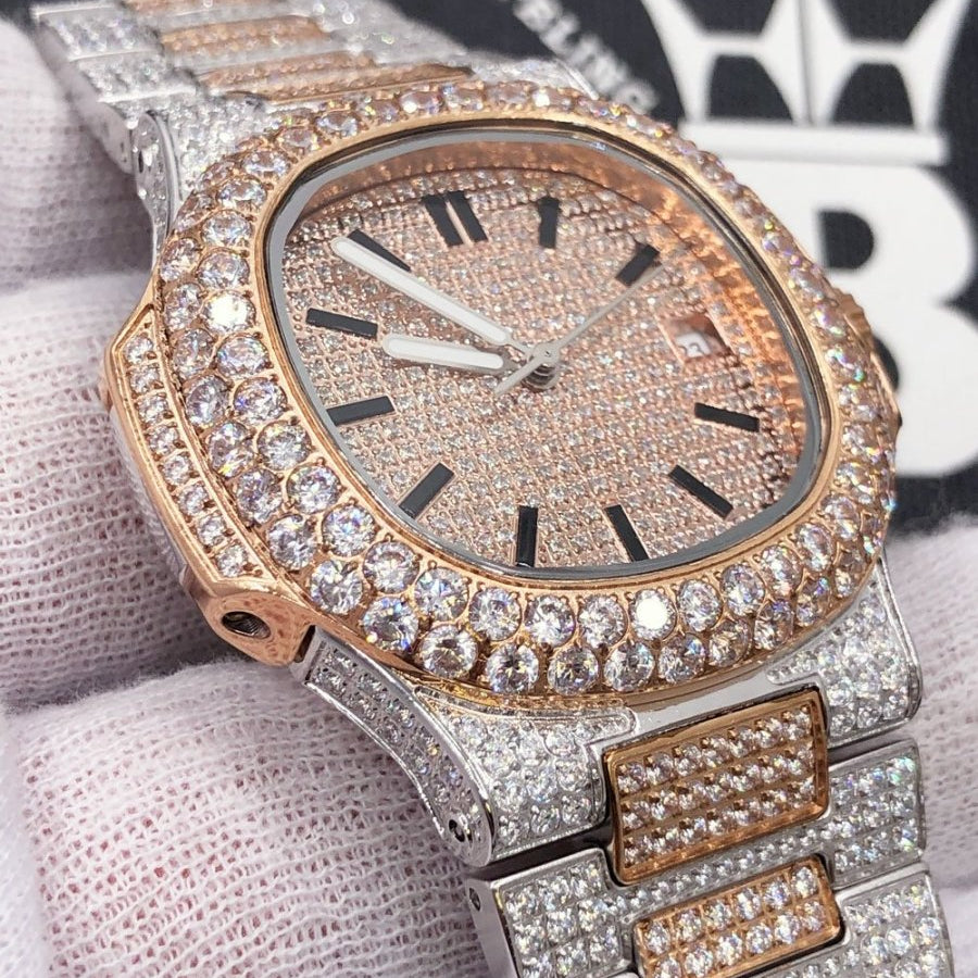 Best Quality Modern CZ Stainless Steel Watch Bling Bling 2 Tone Rose Gold HipHopBling