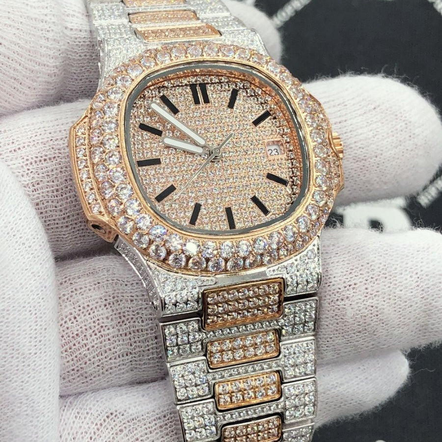Best Quality Modern CZ Stainless Steel Watch Bling Bling 2 Tone Rose Gold HipHopBling