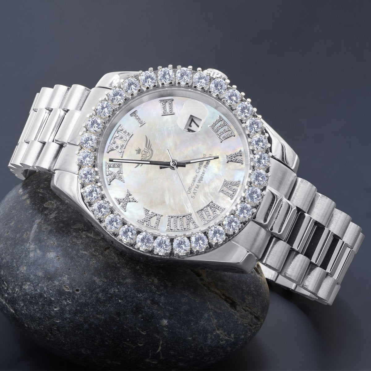 Big Bezel CZ Roman Dial Date Hip Hop Watch Yellow Gold HipHopBling