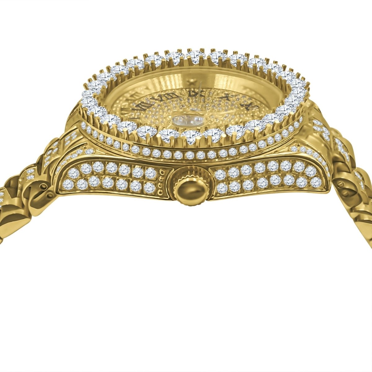 Big Bezel CZ Roman Dial Date Mid Link Watch White Gold HipHopBling