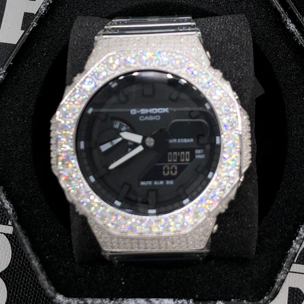 Big Boy Moissanite VVS Iced Out G Shock GA2100 Custom Watch 8.50 Carat Black Dial | Clear Band HipHopBling