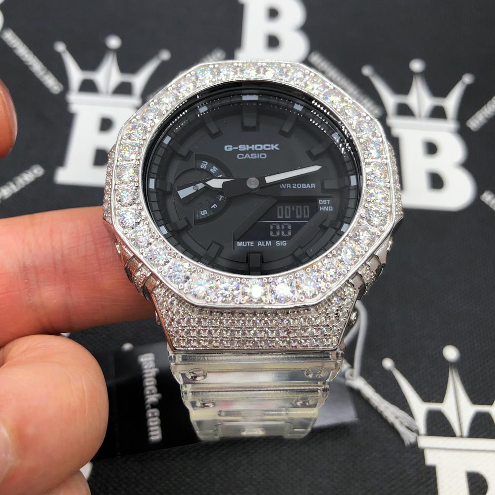 Big Boy Moissanite VVS Iced Out G Shock GA2100 Custom Watch 8.50 Carat Black Dial | Clear Band HipHopBling