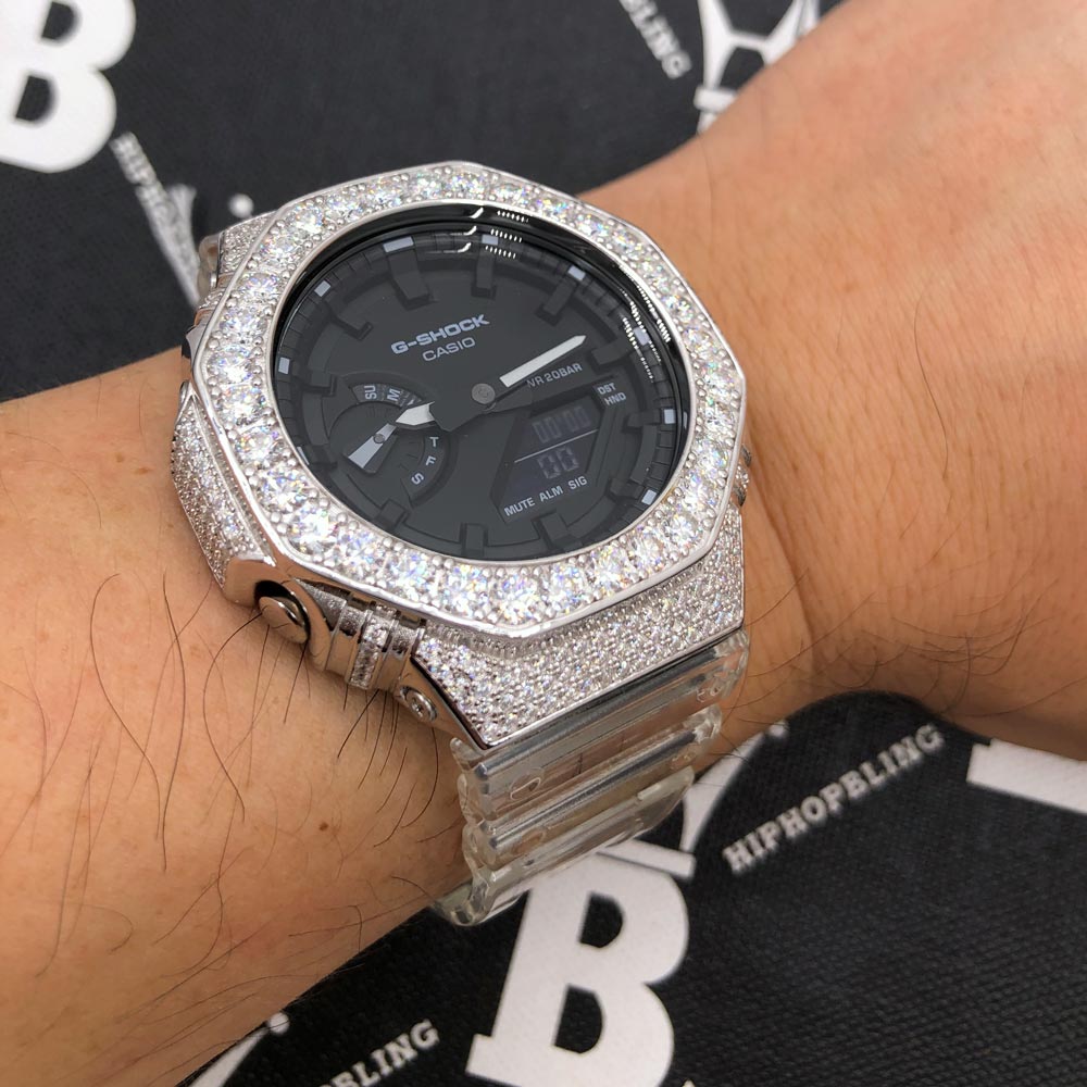 Big Boy Moissanite VVS Iced Out G Shock GA2100 Custom Watch 8.50 Carat Black Dial | Clear Band HipHopBling