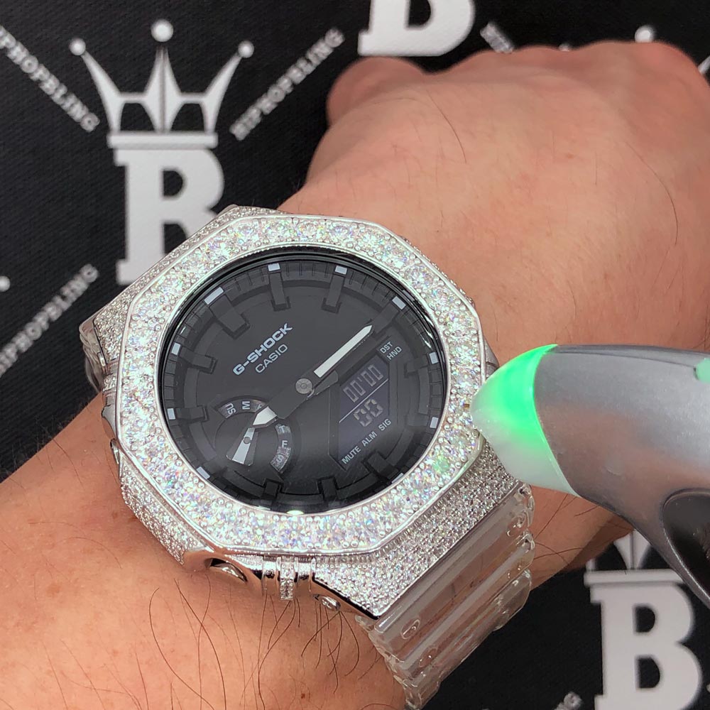 Big Boy Moissanite VVS Iced Out G Shock GA2100 Custom Watch 8.50 Carat Black Dial | Clear Band HipHopBling