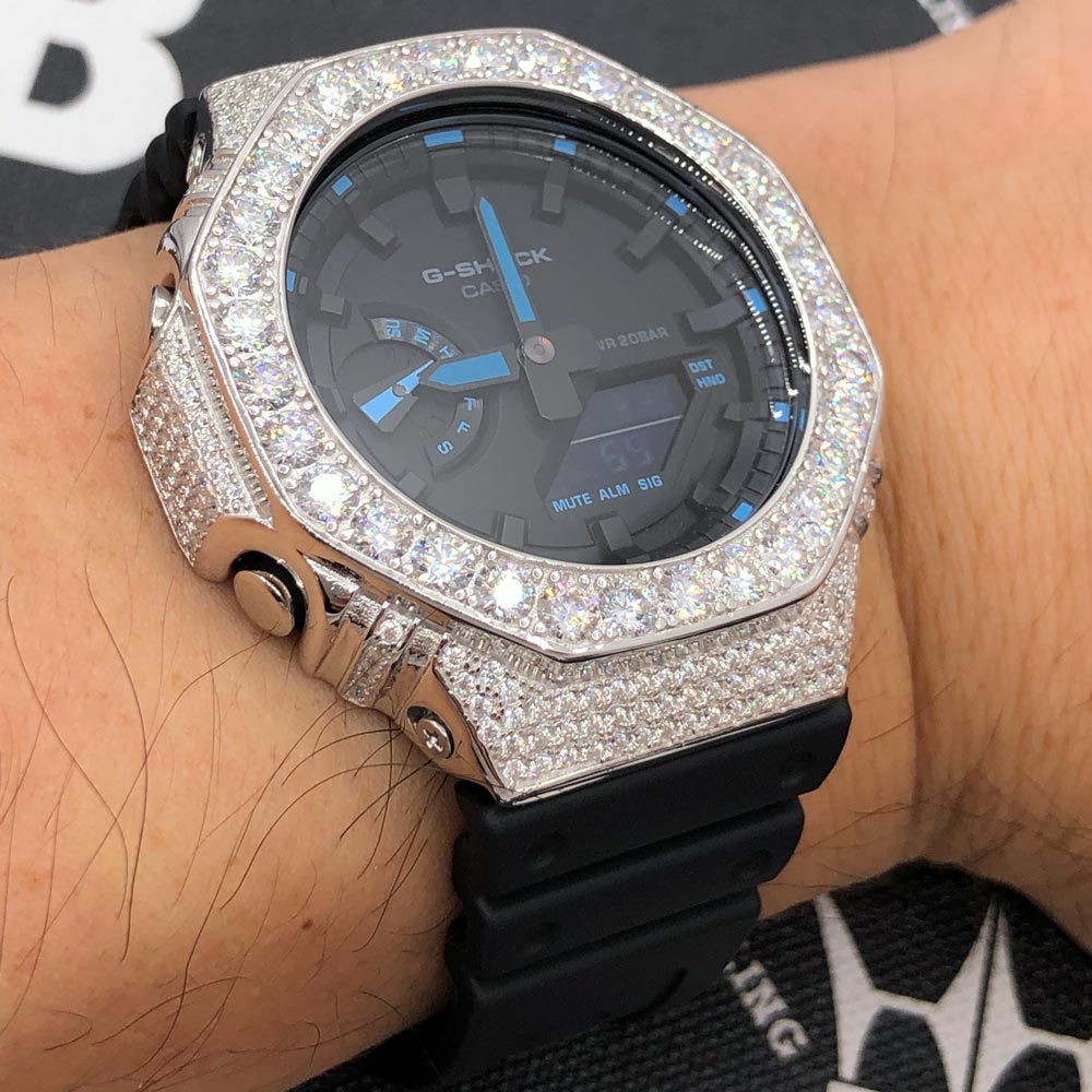 Big Boy Moissanite VVS Iced Out G Shock GA2100 Custom Watch 8.50 Carat Blue Hours | Black Dial & Band HipHopBling