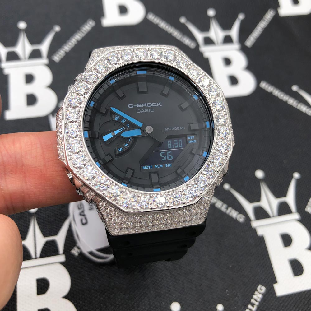 Big Boy Moissanite VVS Iced Out G Shock GA2100 Custom Watch 8.50 Carat Blue Hours | Black Dial & Band HipHopBling