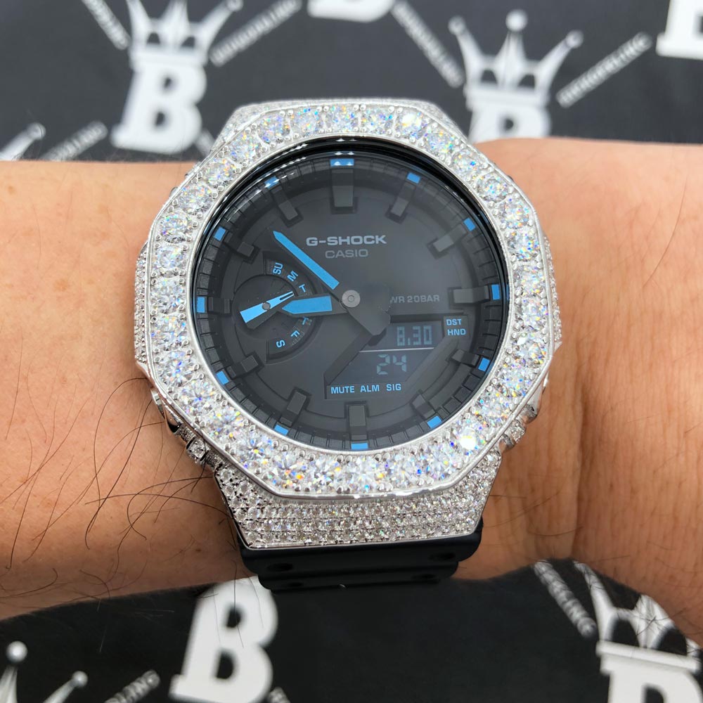 Big Boy Moissanite VVS Iced Out G Shock GA2100 Custom Watch 8.50 Carat Blue Hours | Black Dial & Band HipHopBling