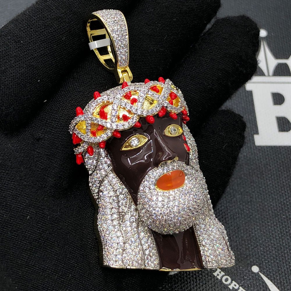 Black Face Jesus VVS CZ Hip Hop Bling Pendant Yellow Gold HipHopBling