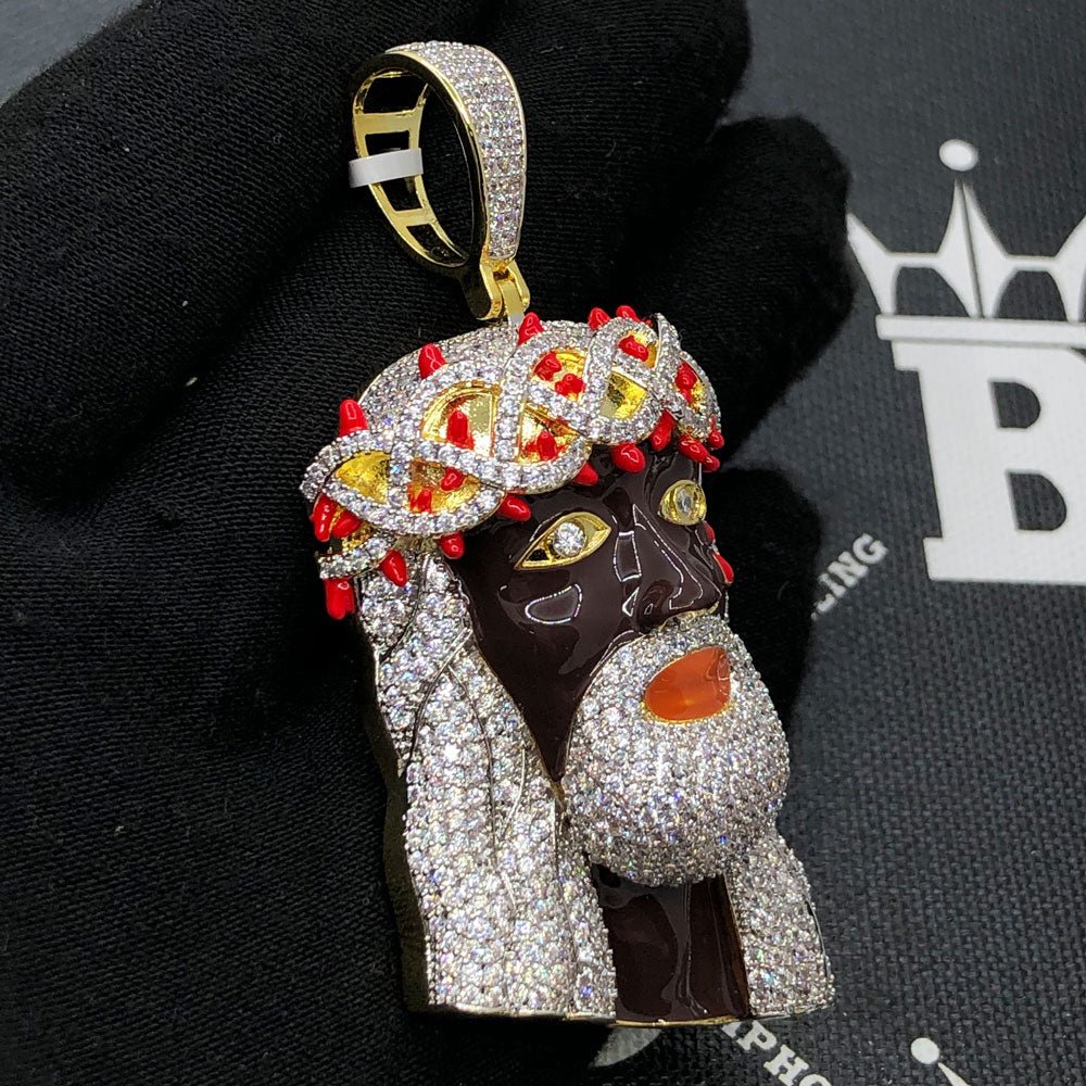 Black Face Jesus VVS CZ Hip Hop Bling Pendant Yellow Gold HipHopBling