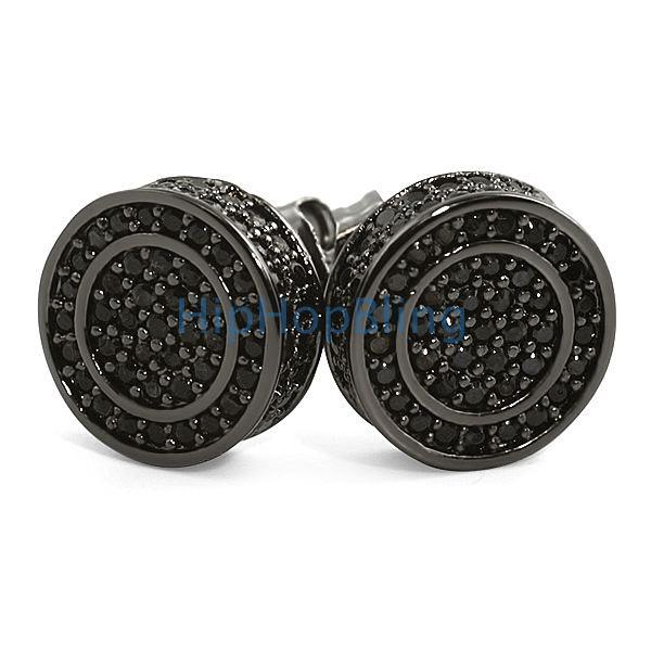 Black Large 3D Circle CZ Micro Pave Iced Earrings HipHopBling