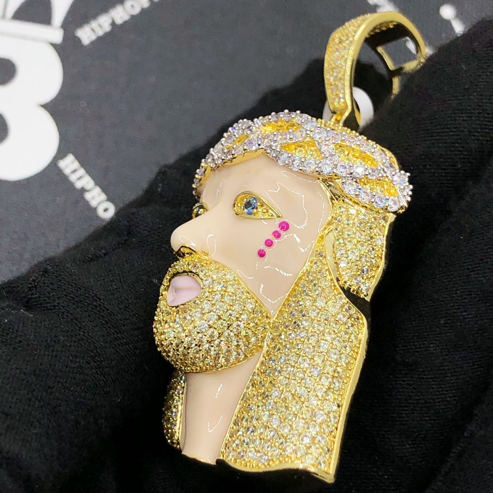Blonde Blue Eye Jesus VVS CZ Hip Hop Bling Pendant Yellow Gold HipHopBling