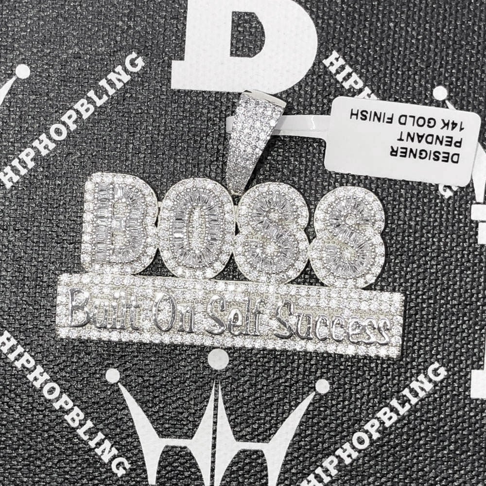 BOSS Built on Self Success CZ Hip Hop Bling Bling Pendant White Gold HipHopBling