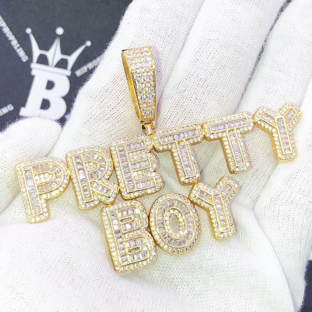 Bubble Baguette Letter Iced Out Name Custom Pendant Brass Yellow Gold 2 HipHopBling