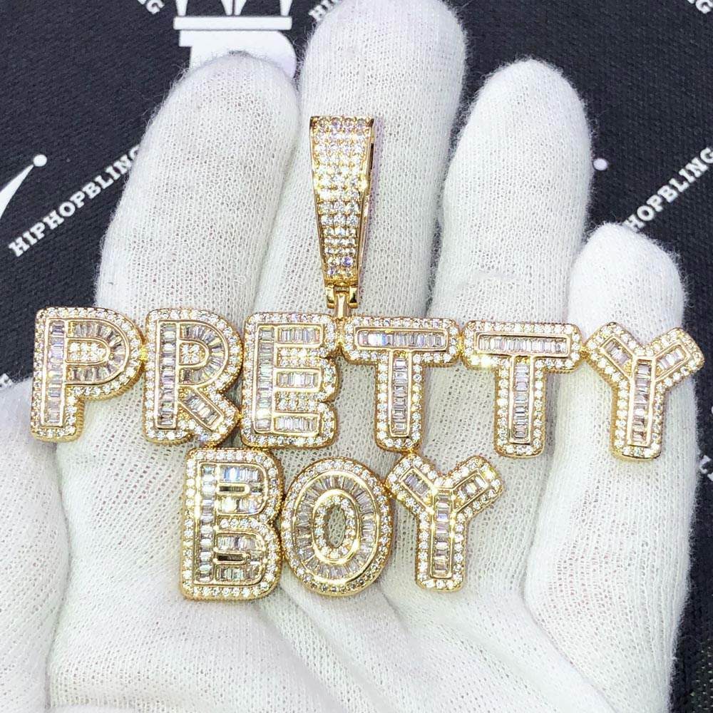 Bubble Baguette Letter Iced Out Name Custom Pendant Brass Yellow Gold 2 HipHopBling