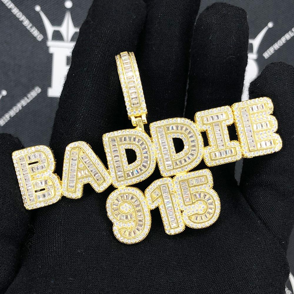 Bubble Baguette Letter Iced Out Name Custom Pendant Brass Yellow Gold 2 HipHopBling