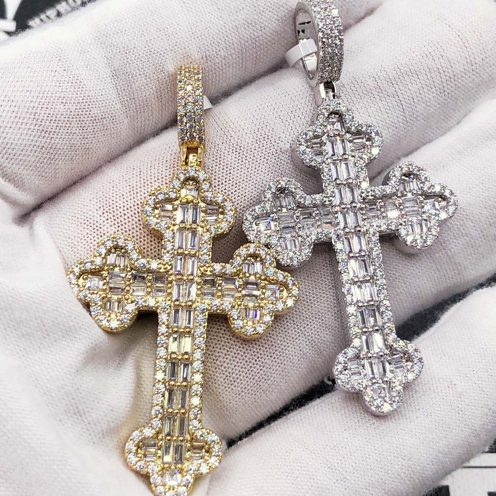 Budded Cross Baguette VVS CZ Hip Hop Iced Out Pendant Yellow Gold HipHopBling