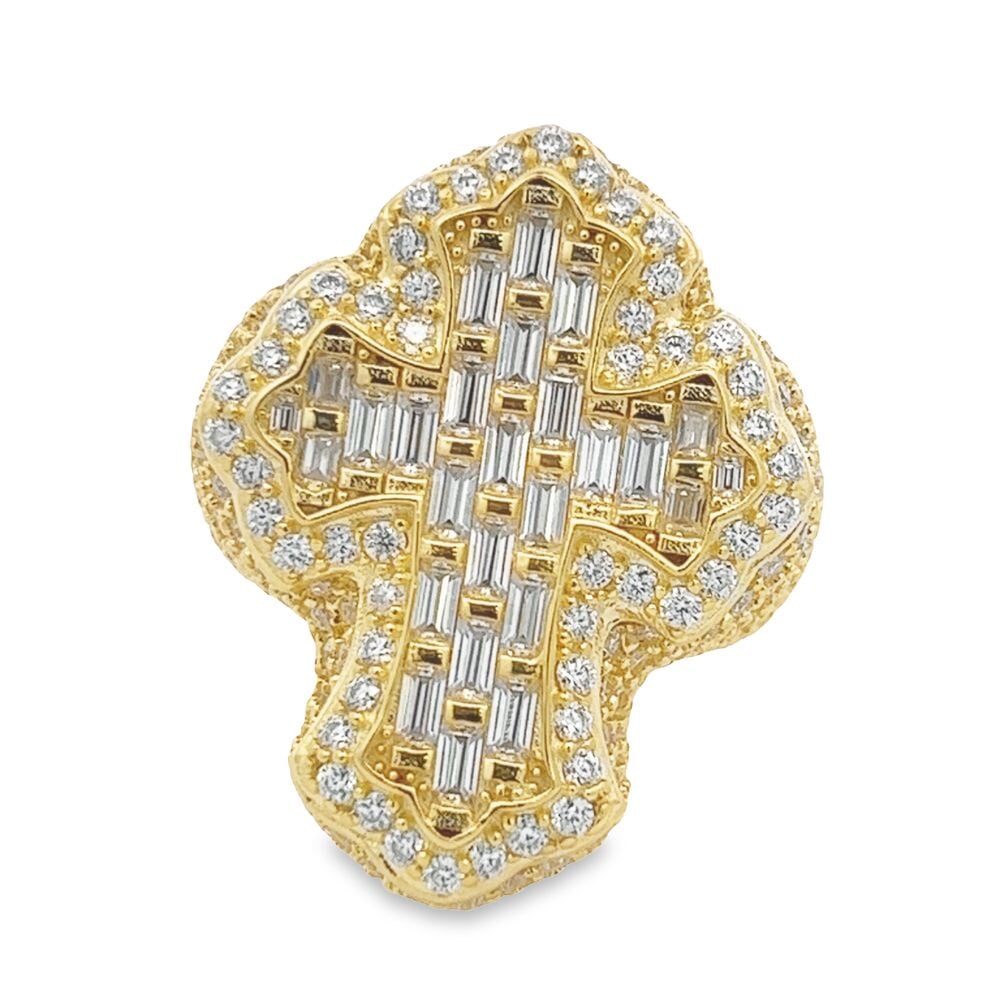 Budded Cross Emerald 7.60cttw VVS Moissanite Ring .925 Sterling Silver 7 Yellow Gold HipHopBling