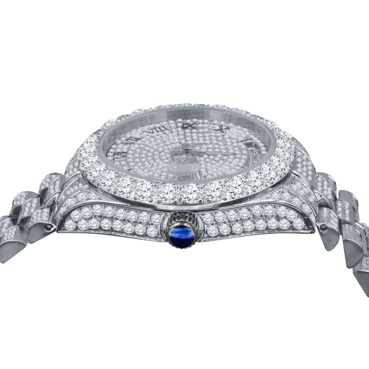 Bustdown Big CZ Bezel Date & Day Bling Bling Watch White Gold HipHopBling