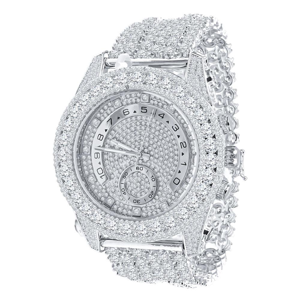 Bustdown Triple Bezel Chunky Band CZ Iced Out Watch White Gold HipHopBling