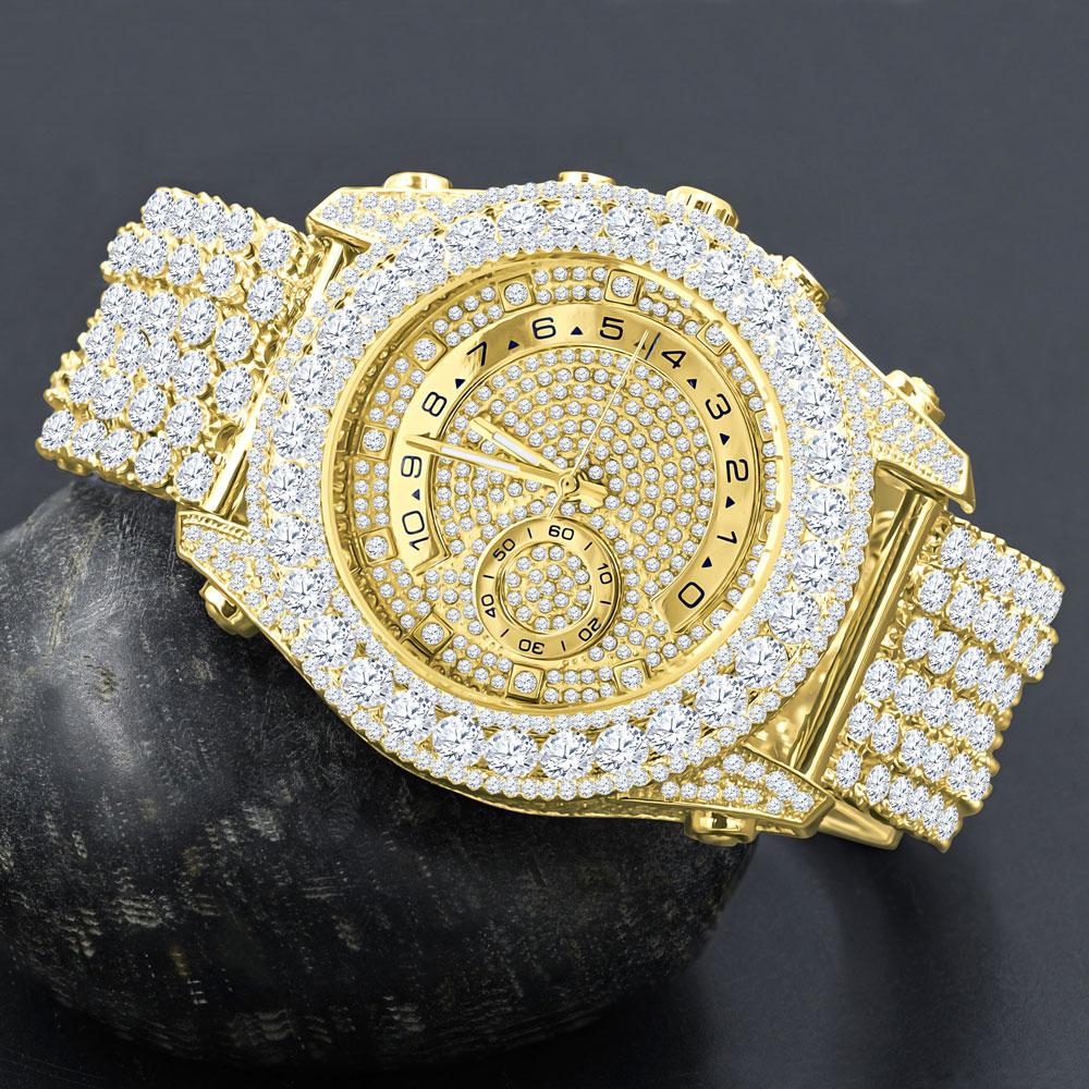 Bustdown Triple Bezel Chunky Band CZ Iced Out Watch Yellow Gold HipHopBling