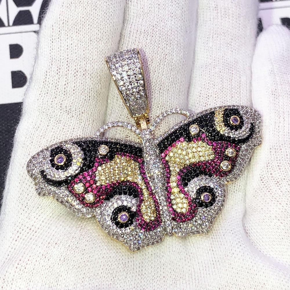 Butterfly Multicolor Iced Out Hip Hop Pendant Yellow Gold HipHopBling