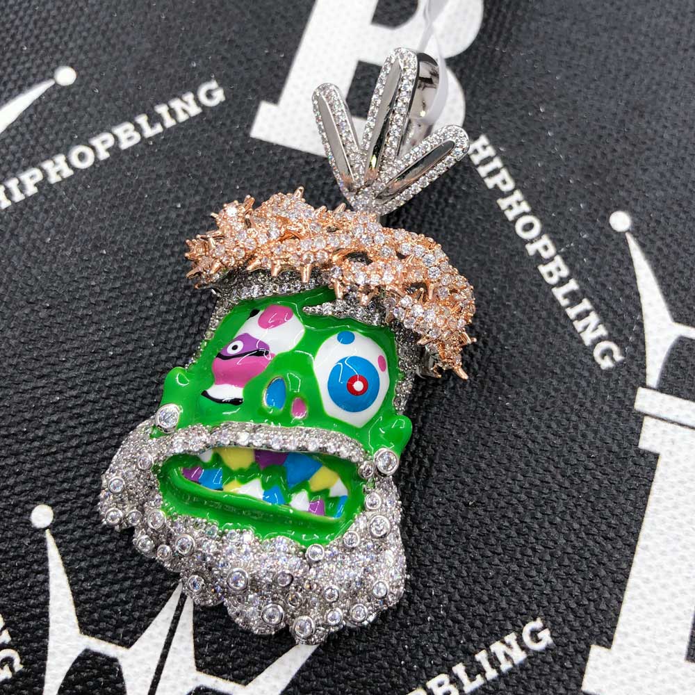 Cartoon Jesus Green Face VVS CZ Iced Out Pendant White Gold HipHopBling