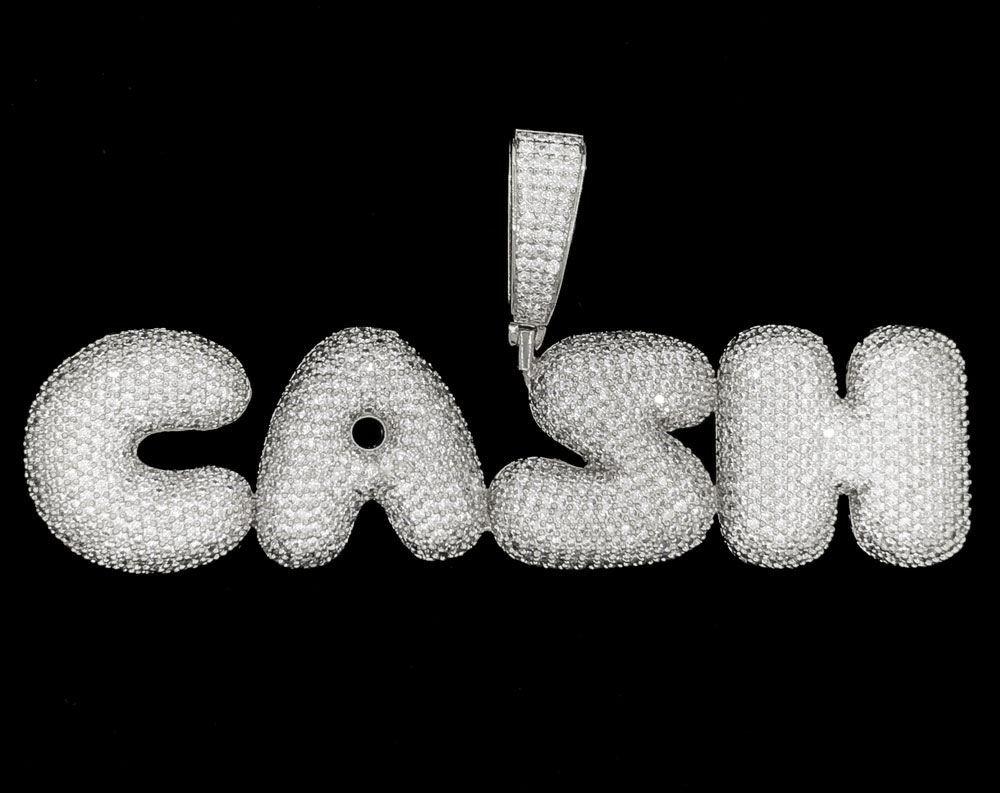 CASH Bubble Letter Font Iced Out Hip Hop Pendant White Gold HipHopBling