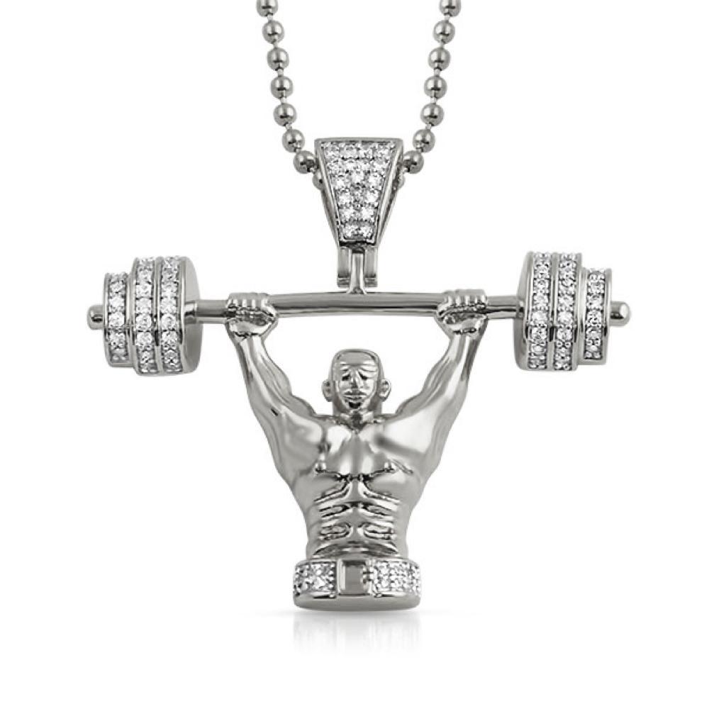 Champion Weightlifter 3D CZ Pendant Rhodium HipHopBling
