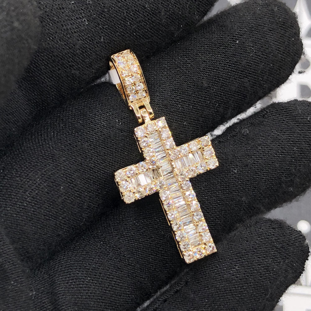 Channel Baguette Cross 1.80cttw Diamond Pendant 10K Gold HipHopBling