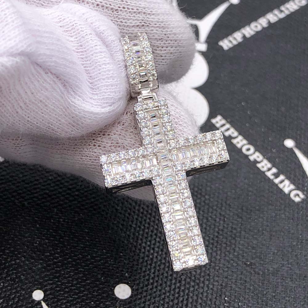 Channel Cross Baguette 2.29cttw VVS Moissanite Pendant .925 Sterling Silver HipHopBling