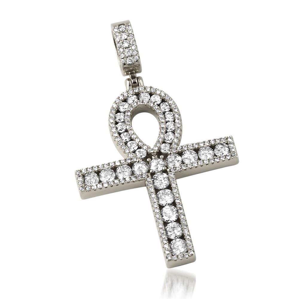 Channel Set Ankh Cross CZ Bling Bling Pendant in Rhodium HipHopBling